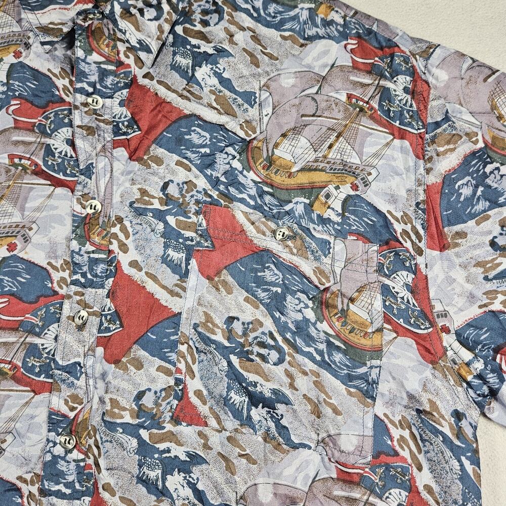 Vintage Pure Silk Shirt Mens Large Nautical Boating Ship Captian Blue Cruise AOP - Picture 3 of 11